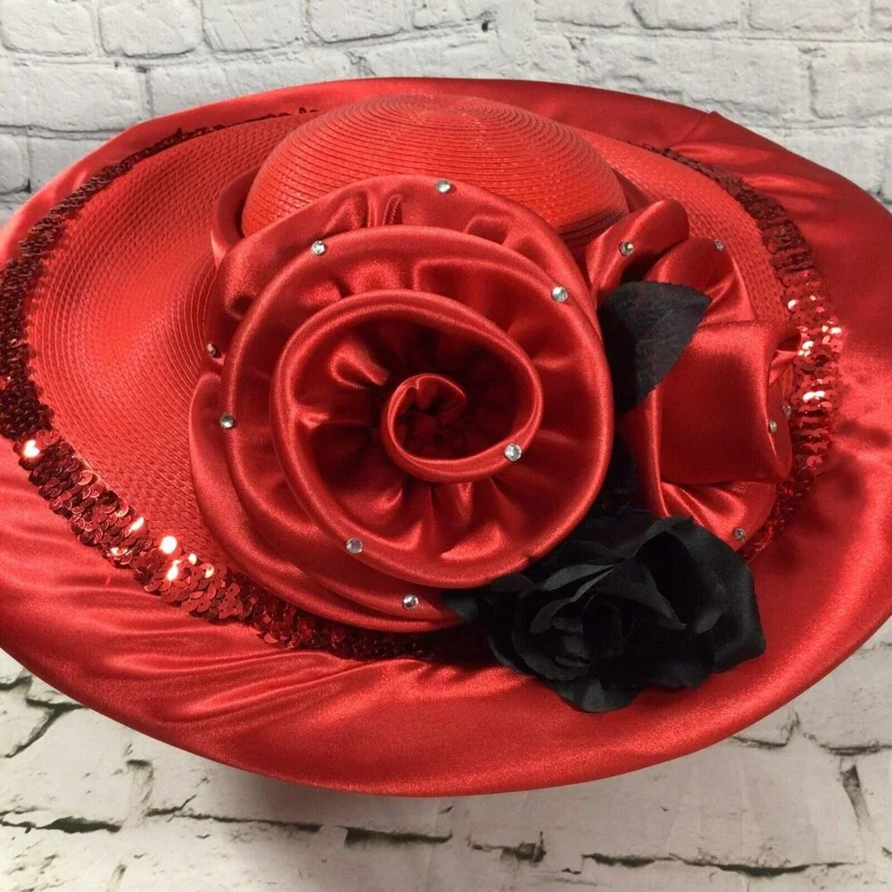 Vintage Mr. Hi’s Hat Red Kentucky‎ Derby Satin Jeweled Rose Showstopper Church